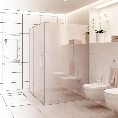 A bathroom line drawing transforming into a real bathroom.