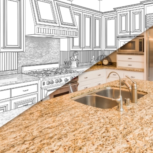 Kitchen design turned into reality with angled split showing before and after.