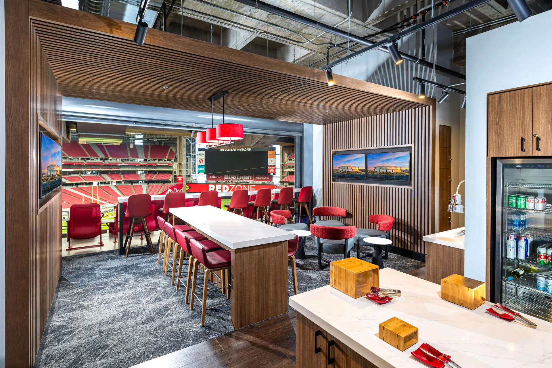 Quartz countertops inside private lofts at State Farm Stadium.