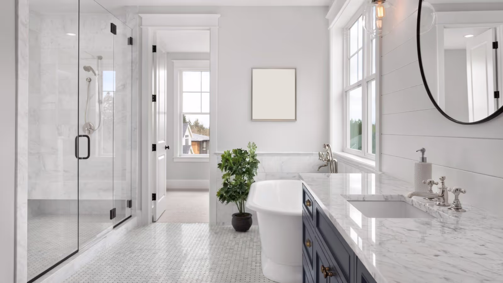 Modern bathroom with light marble countertop