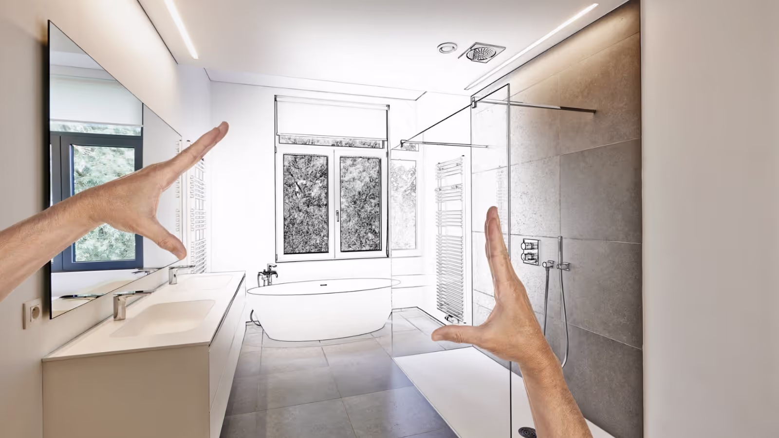 Visual of bathroom sketch gradually turning into a real modern bathroom