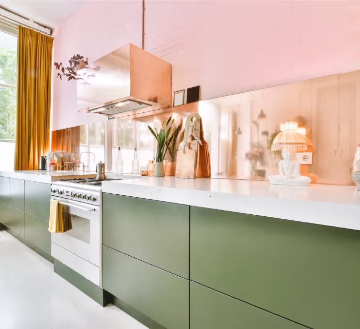 659E2Ee279125C9De882A6Fe Kitchen With Light Pink Cabinets And A Sage Green Countertop With A White Cover countertop sample
